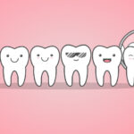 Cartoon drawing of happy teeth with pink background.