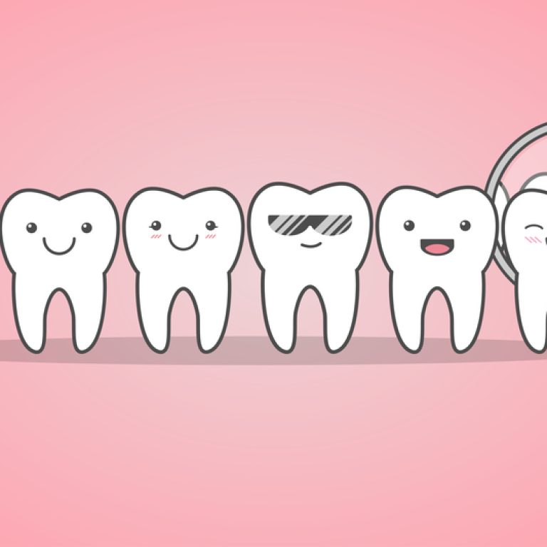 Cartoon drawing of happy teeth with pink background.
